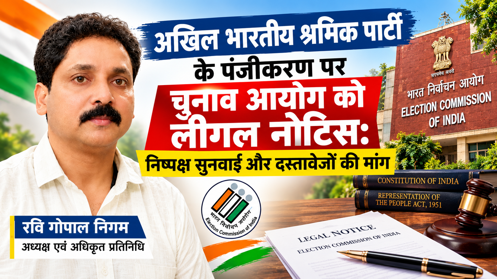 अखिल भारतीय श्रमिक पार्टी का आवेदन बिना सुनवाई के खारिज, EC को कानूनी नोटिस, धारा 29A पर सुनवाई की मांग, हाई कोर्ट जाने को भी तैयार